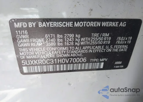 2017 BMW X5 xDrive35I z USA, uszkodzony, nr VIN 5UXKR0C31H0V70006